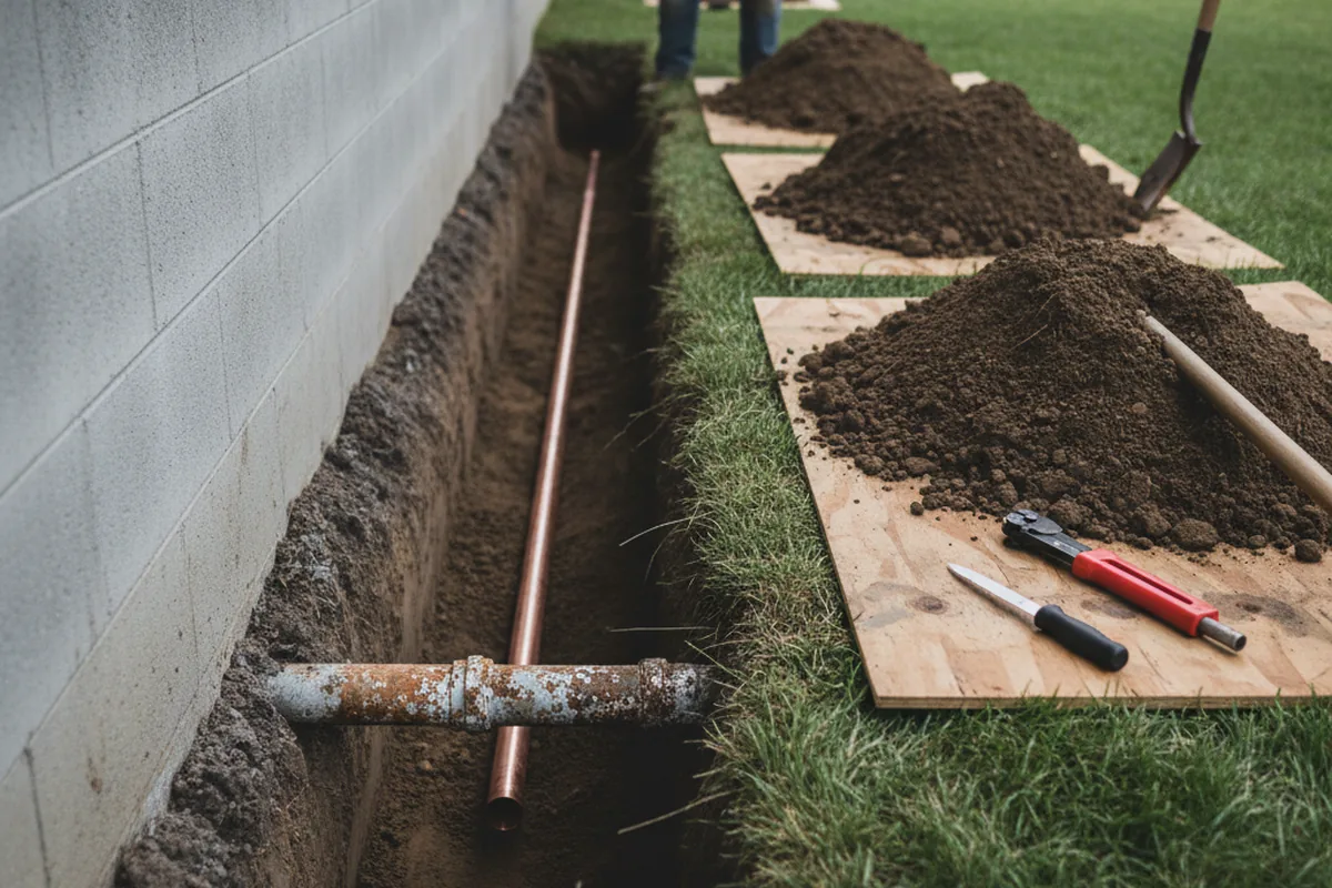 Excavated water line trench during Water Softener Installation in Richwood